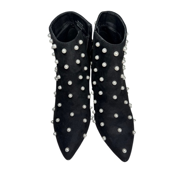 Elegant Black heeled faux suede Ankle Boots Pearl embellished Accents 10 NWOT - Picture 2 of 10
